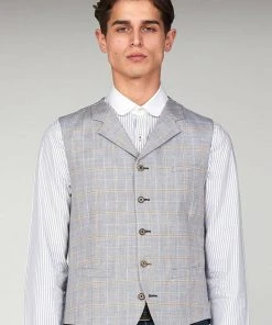 New In Gibson London Edgar Linnen Waistcoat Pale Blue