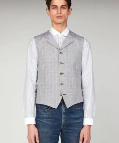 New In Gibson London Edgar Linnen Waistcoat Pale Blue