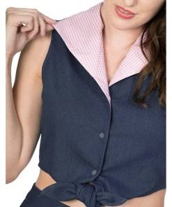 Banned Diner Days 50's Tie Blouse Dark Blue New In