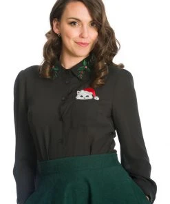 Banned Pocket Cat Christmas 40's Blouse Black