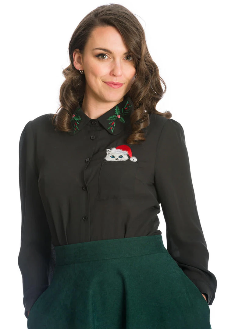 Banned Pocket Cat Christmas 40's Blouse Black