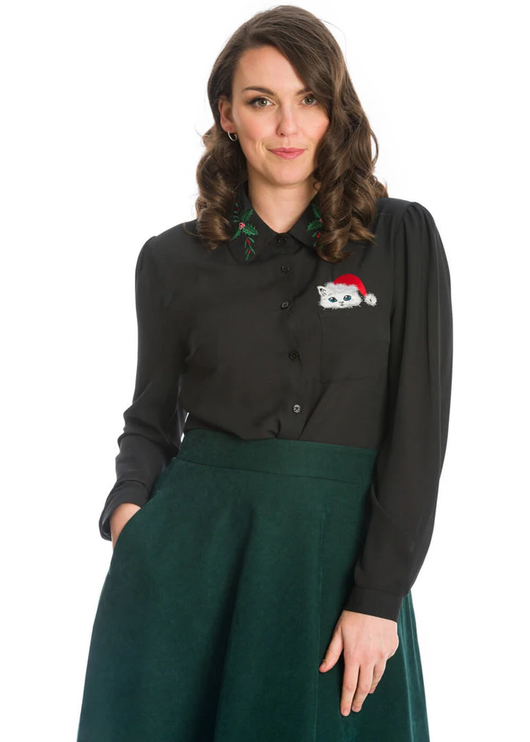 Banned Pocket Cat Christmas 40's Blouse Black