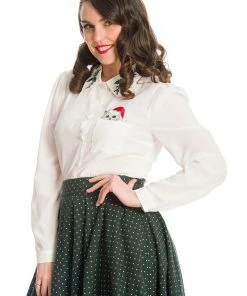 New In Banned Pocket Cat Christmas 40's Blouse White