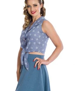 New In Banned Hot Air Balloon Dreaming 50's Blouse Blue