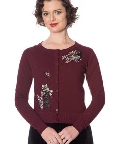 Banned Black Cat Bloom 40's Cardigan Burgundy Colour