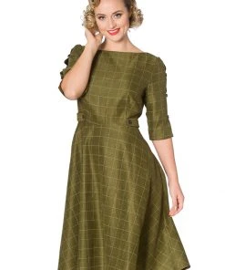 Banned Cheeky Check 40's Swing Dress Khaki Green