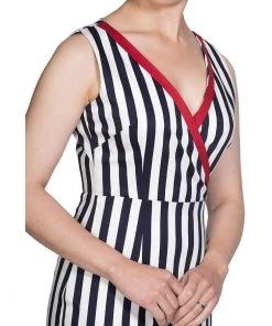 New In Banned Land Ahoy 60's Pencil Dress White Navy