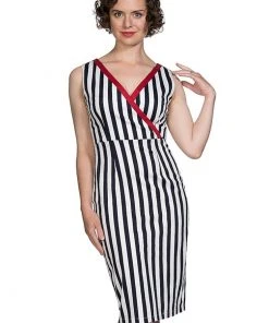 New In Banned Land Ahoy 60's Pencil Dress White Navy