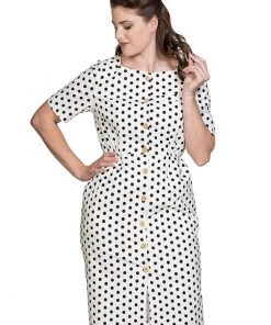 Banned Polkadot Button Up 50's Pencil Dress White New In