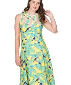 New In Banned Toucan All Over 50's Swing Dress Yellow