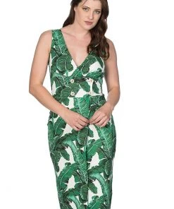 Banned Tropical Leaves 50's Pencil Dress Green New In