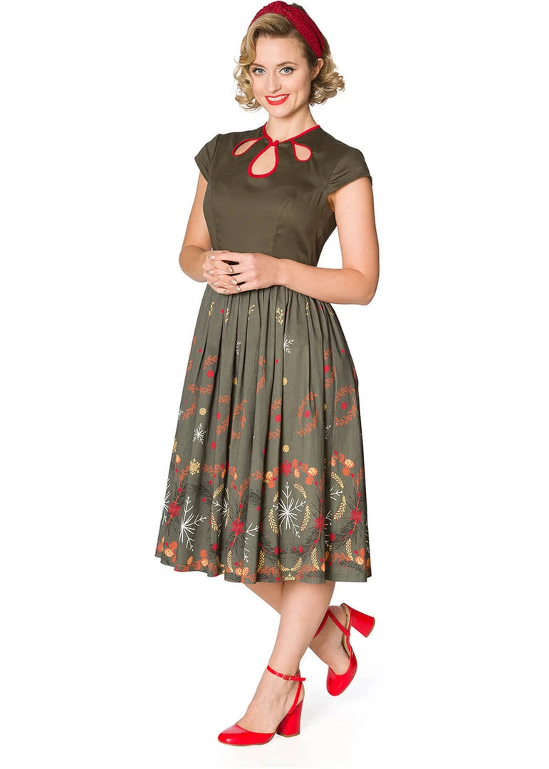 Banned Winter Leaves 50's Swing Dress Green