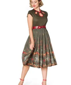 Banned Winter Leaves 50's Swing Dress Green