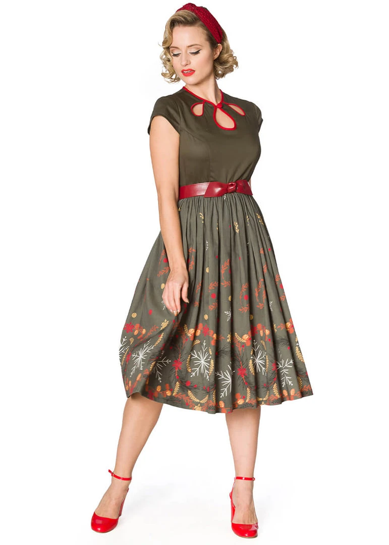 Banned Winter Leaves 50's Swing Dress Green