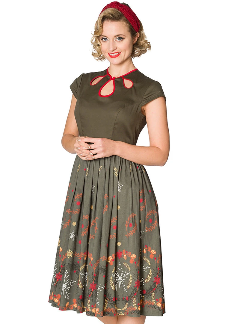Banned Winter Leaves 50's Swing Dress Green