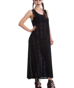 New In Banned Circle Flock 70's Maxi Dress Black