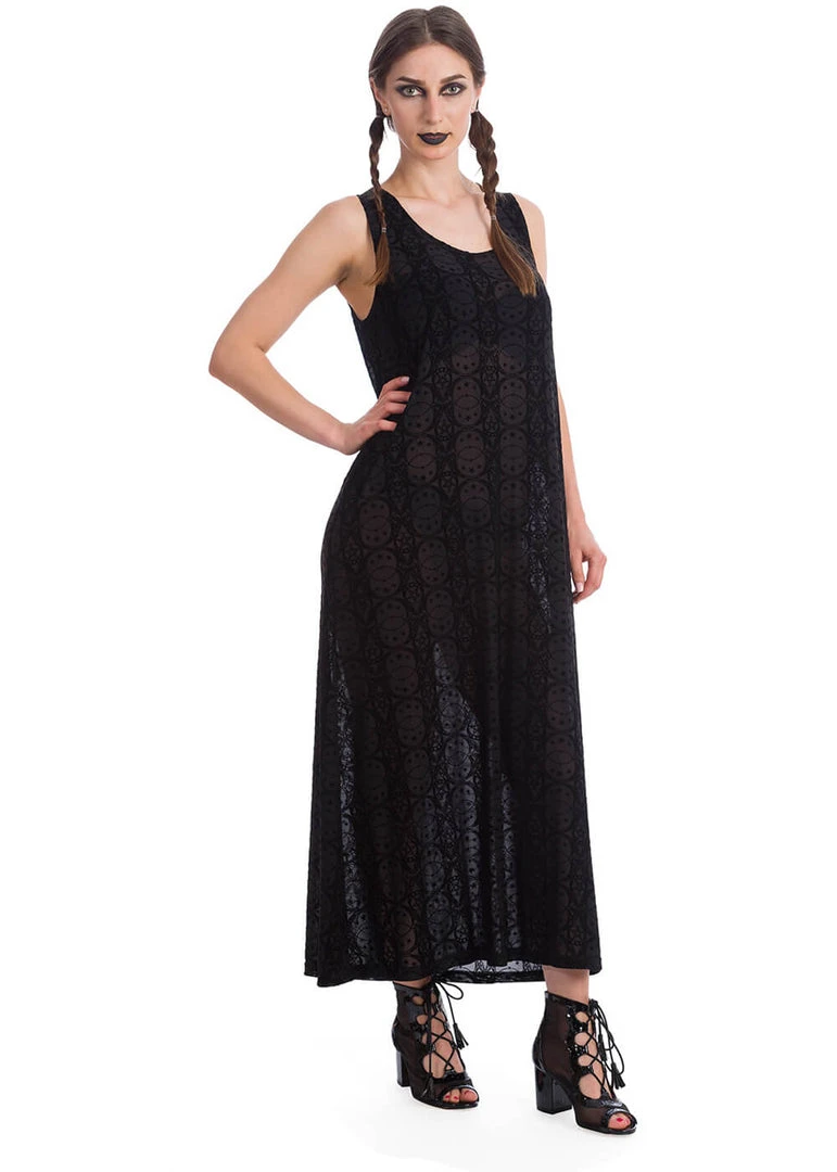 New In Banned Circle Flock 70's Maxi Dress Black