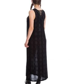 New In Banned Circle Flock 70's Maxi Dress Black