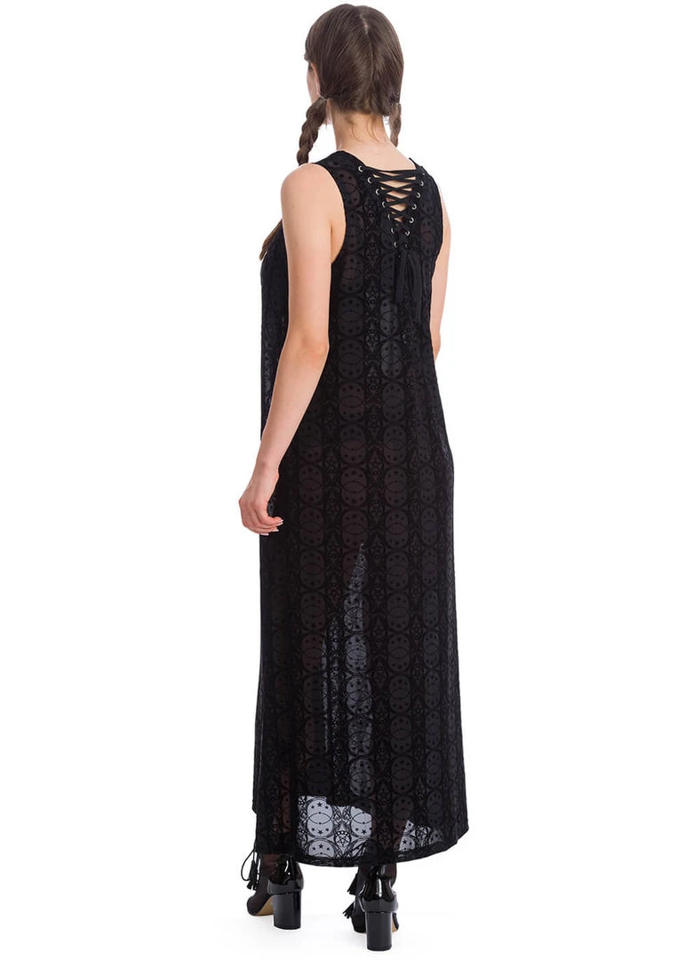 New In Banned Circle Flock 70's Maxi Dress Black