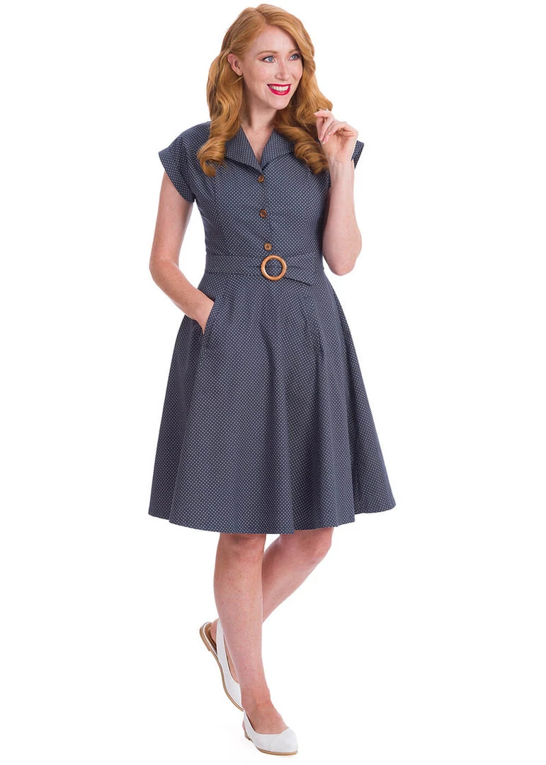 Banned Spot Perfection Polkadot 50's Swing Dress Navy