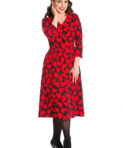New In Banned Romance Button Hearts 40's A-Line Dress Red