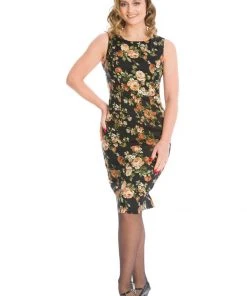 New In Banned Midnight Rose 50's Pencil Dress Black