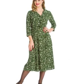 New In Banned Winter Blooms 40's A-Line Dress Green