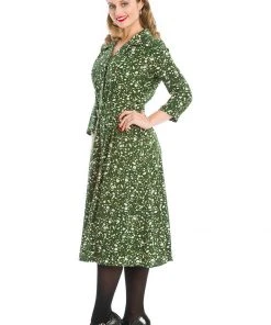 New In Banned Winter Blooms 40's A-Line Dress Green