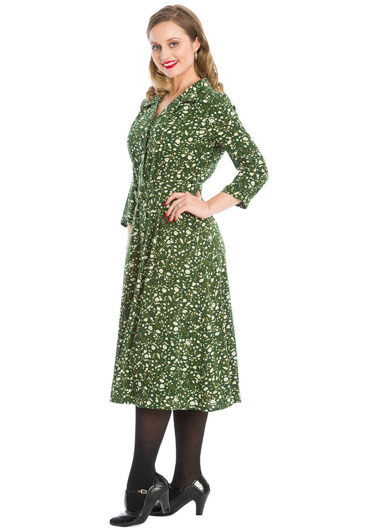 New In Banned Winter Blooms 40's A-Line Dress Green