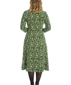 New In Banned Winter Blooms 40's A-Line Dress Green