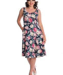 New In Banned Rose Bloom 50's Swing Dress Navy