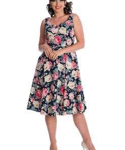 New In Banned Rose Bloom 50's Swing Dress Navy