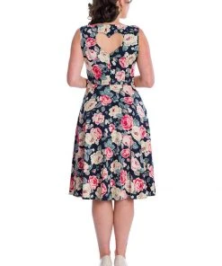 New In Banned Rose Bloom 50's Swing Dress Navy
