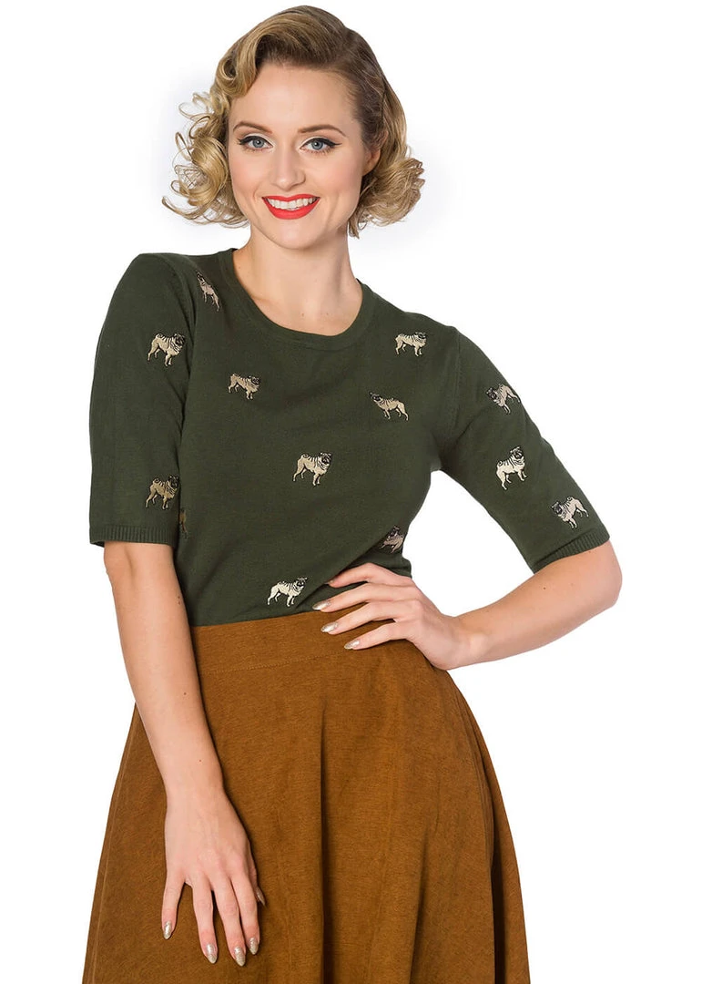 New In Banned Pug Dog 40's Jumper Green
