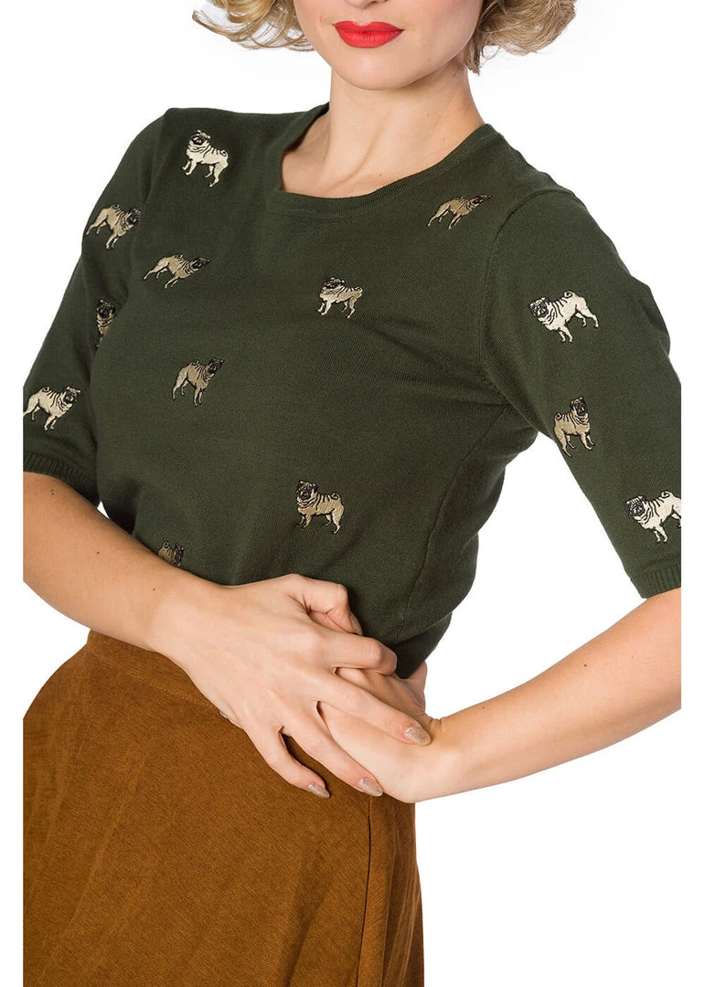 New In Banned Pug Dog 40's Jumper Green