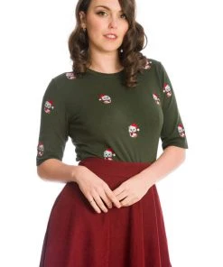 New In Banned Holly Christmas Cat 40's Jumper Green