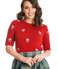 New In Banned Holly Christmas Cat 40's Jumper Red