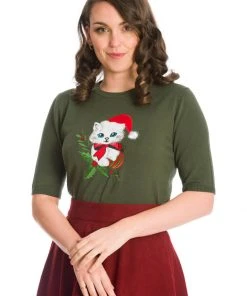 Banned Holly Cat Christmas 50's Jumper Green New In