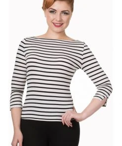 New In Banned Modern Love Stripe 50's Top Zwart Met Wit