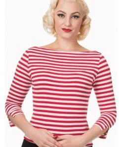 New In Banned Modern Love Striped 50's Top Red White