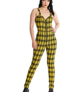 Banned Lenore Tartan 80's Jumpsuit Yellow New In