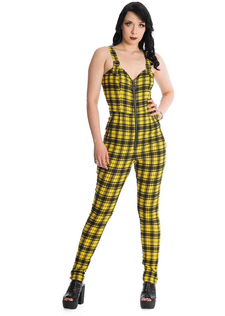 Banned Lenore Tartan 80's Jumpsuit Yellow New In