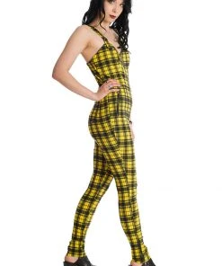 Banned Lenore Tartan 80's Jumpsuit Yellow New In