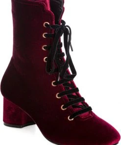 New In Banned It Takes Two Velvet 60's Boots Burgundy
