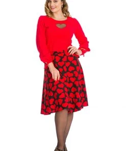 Banned Romance Button Hearts 50's Swing Skirt Red New In