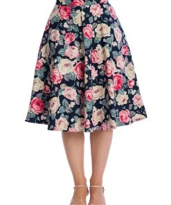 New In Banned Rose Bloom 50's Swing Skirt Navy