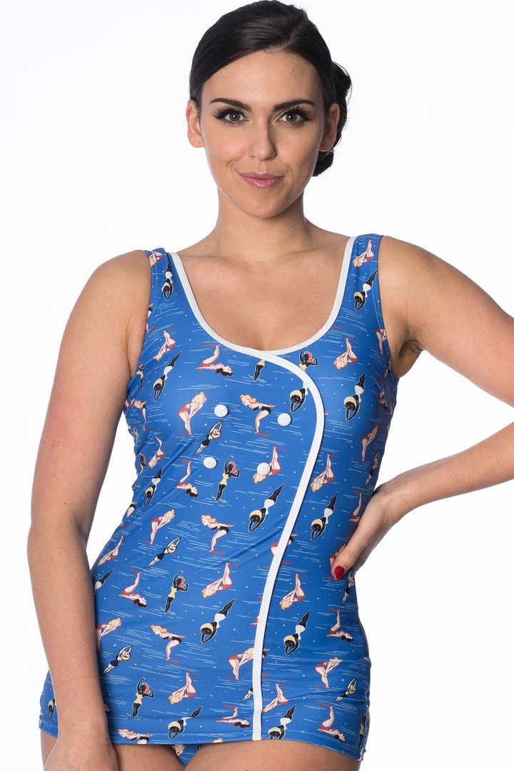 New In Banned Dive In 60's Bathingsuit Blue