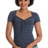 Banned Danni Stripe 50's Top Navy Blue
