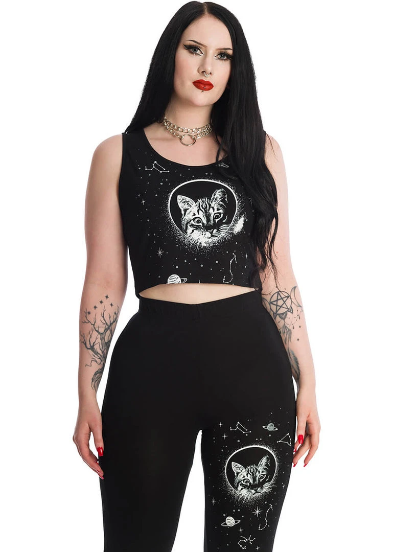 New In Banned Space Cat Cropped T-Shirt Black