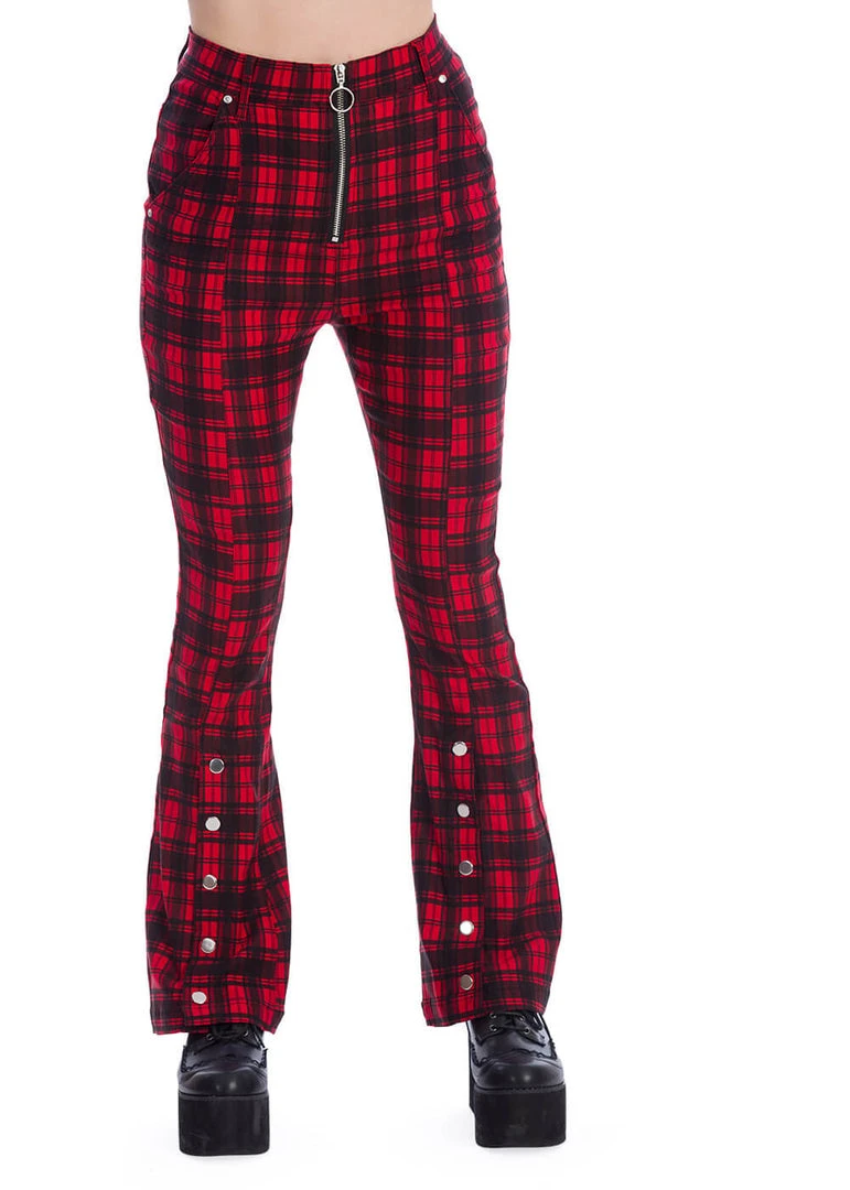 Banned Tartan Night Flare 70's Trousers Red New In